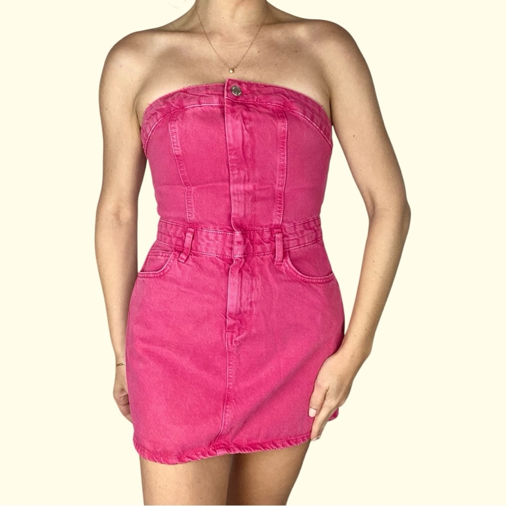 Pink Strapless Denim Mini Dress